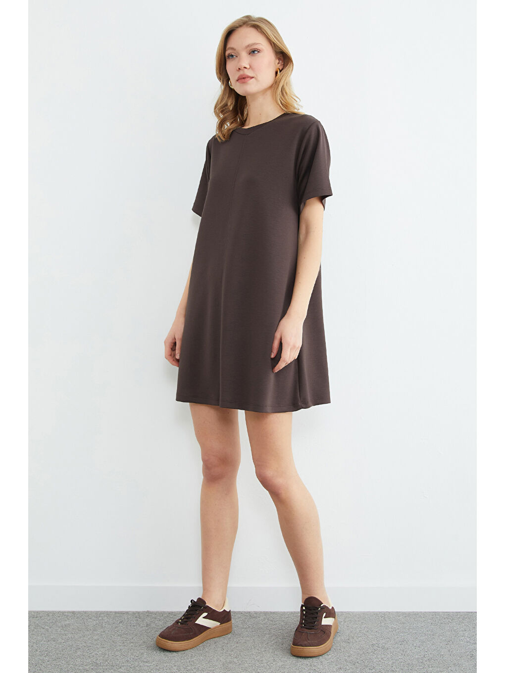 Kahverengi Basic Çimalı Mini Boy Modal Elbise-3