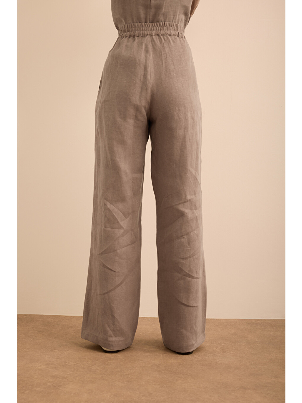 Bej Vizon Beli Lastikli Keten Pantolon-4