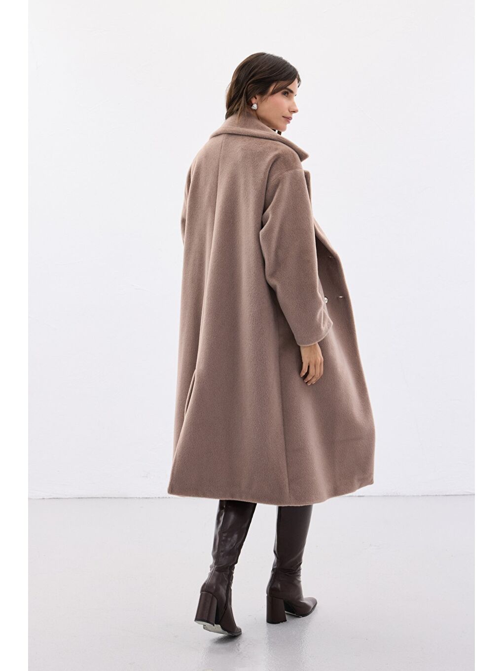 Bej Düğme Detaylı Uzun Kaban - Vizon-7