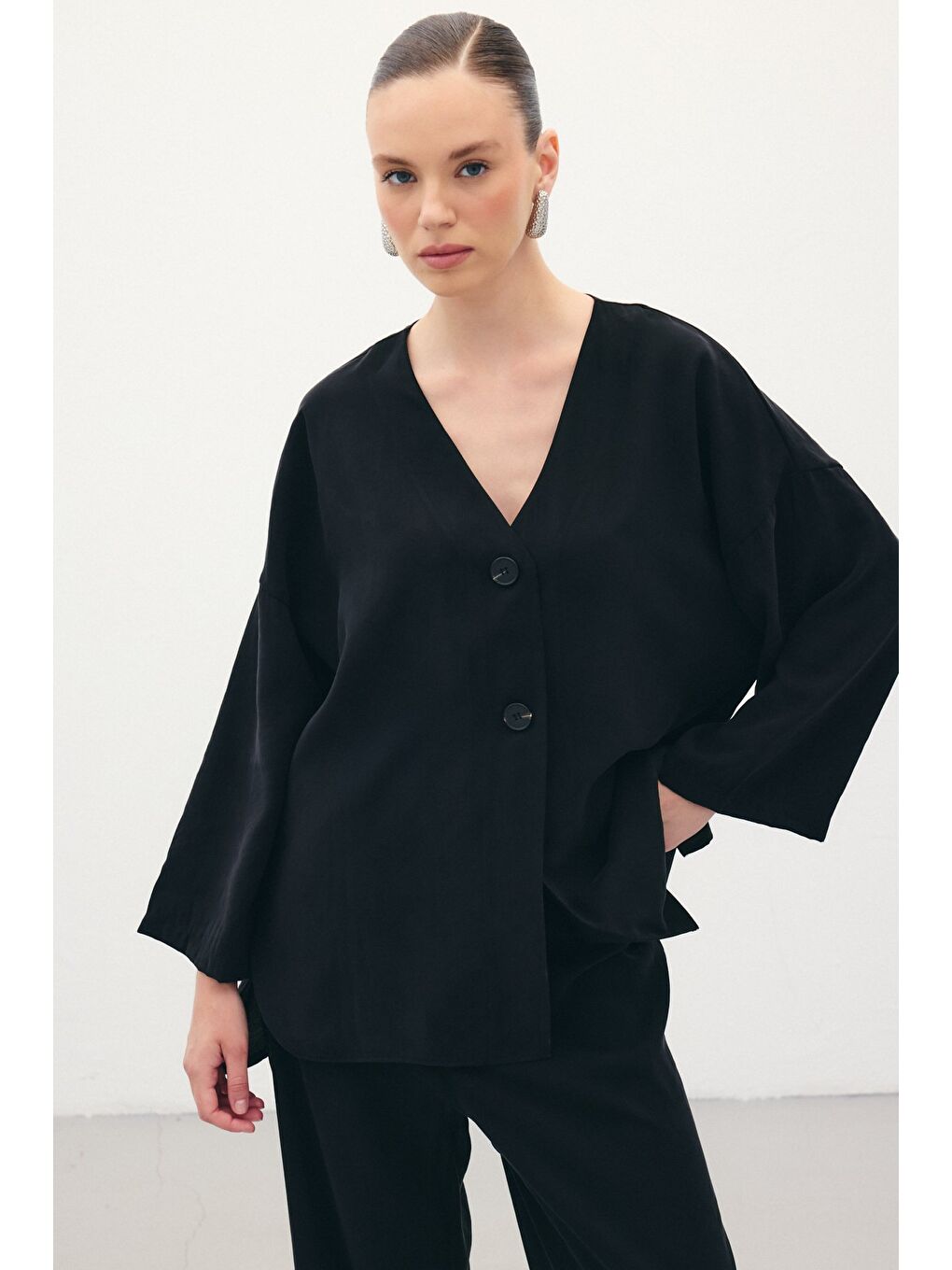 Düğmeli Kimono - Siyah-3