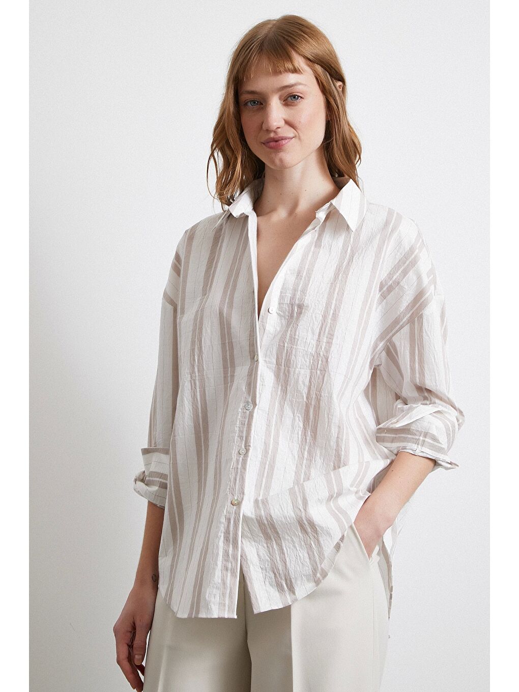 Kahve Çizgili Gömlek Ekru-5