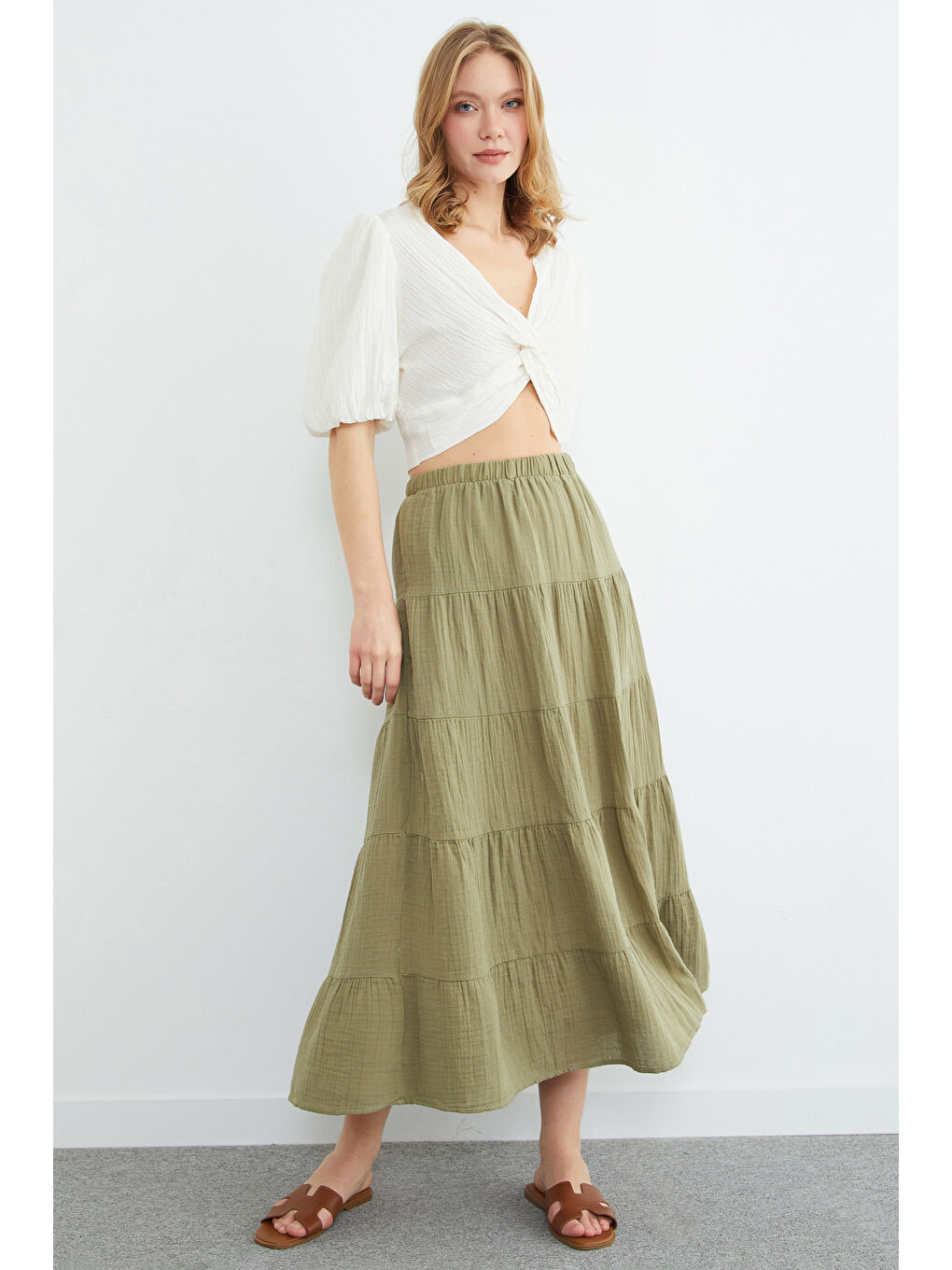 Haki Beli Lastikli Müslin Kumaş Etek-2