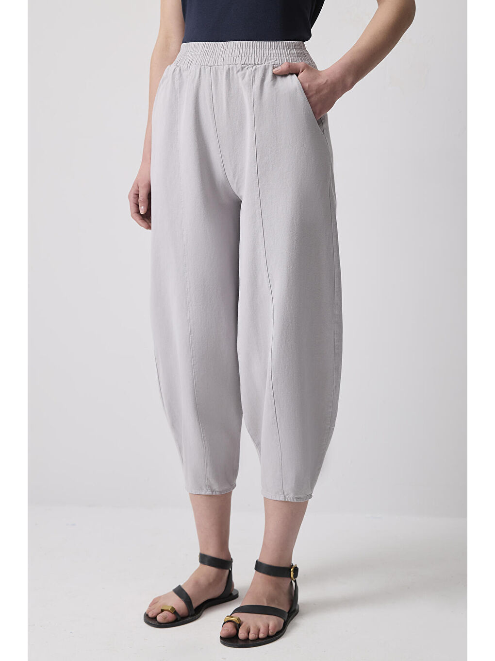 Gri %100 Pamuklu Beli Lastikli Pantolon-1