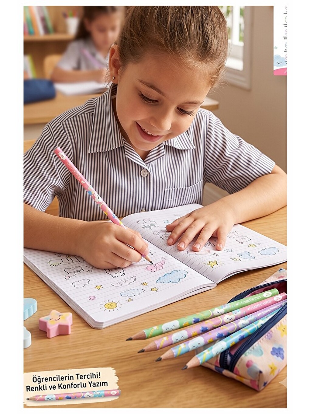 Sevimli Bulutlar Kurşun Kalem 4 Adet Faber Castell Yuvarlak Gövdeli Siyah Kurşun Kalem Yumuşak Yazım-1