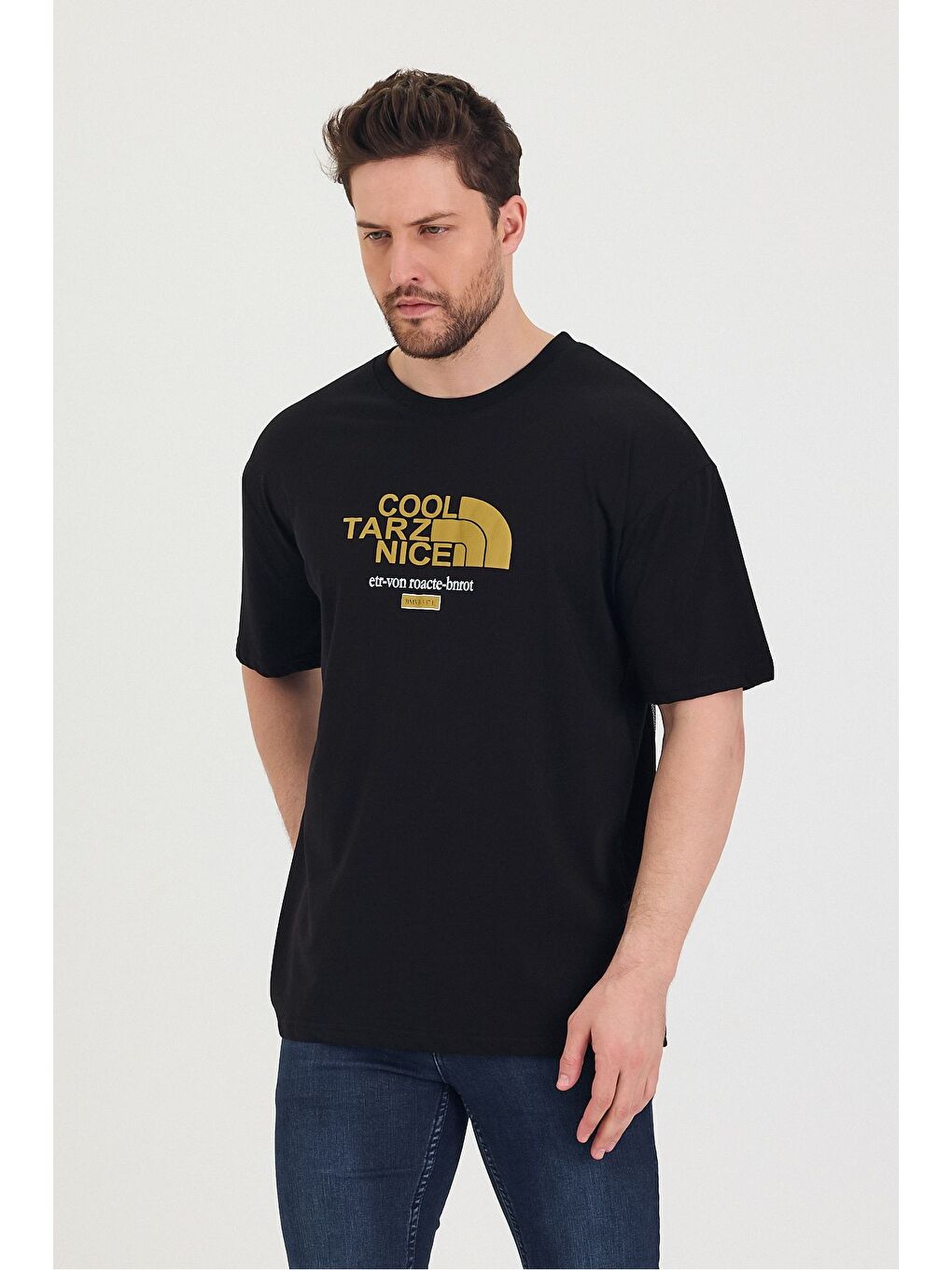 Siyah Bisiklet Yaka Oversize Ayıcık Baskılı Salaş Unisex Tişört-1