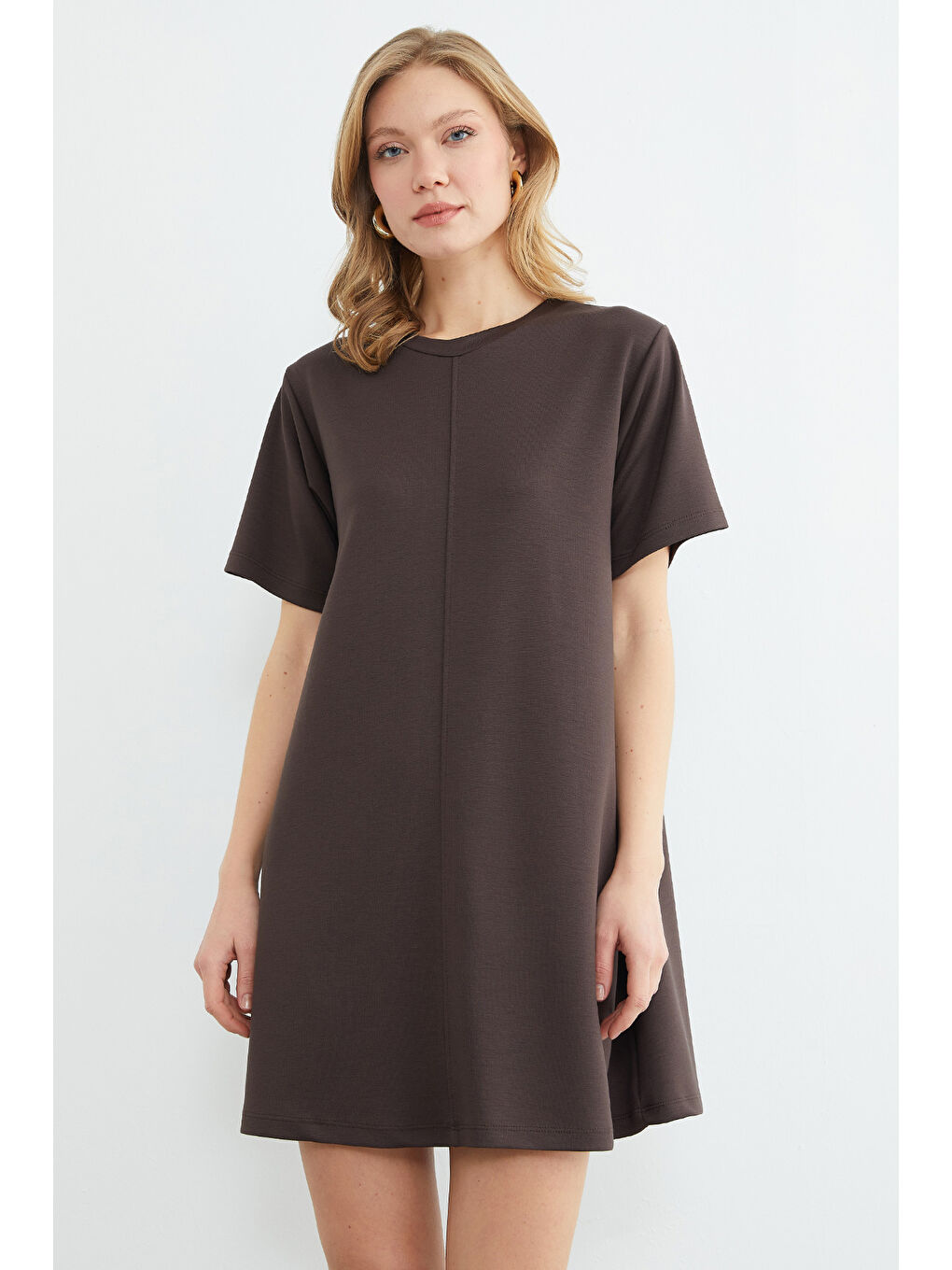 Kahverengi Basic Çimalı Mini Boy Modal Elbise-4