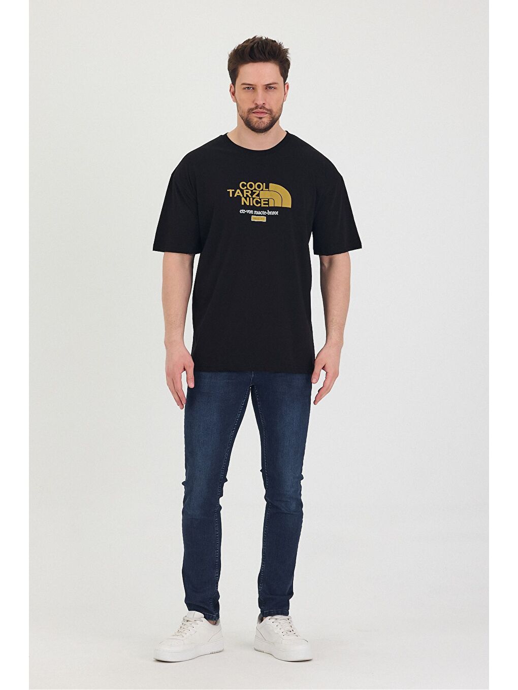 Siyah Bisiklet Yaka Oversize Ayıcık Baskılı Salaş Unisex Tişört-2