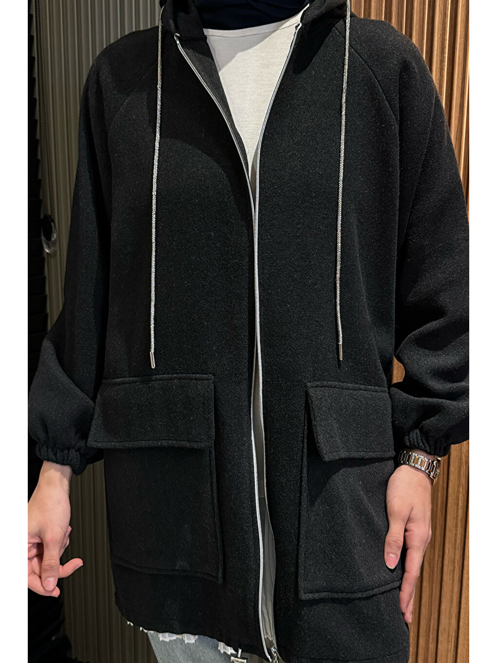 Antrasit Fermuarlı Kapüşonlu Tesettür Kaşe Ceket-5