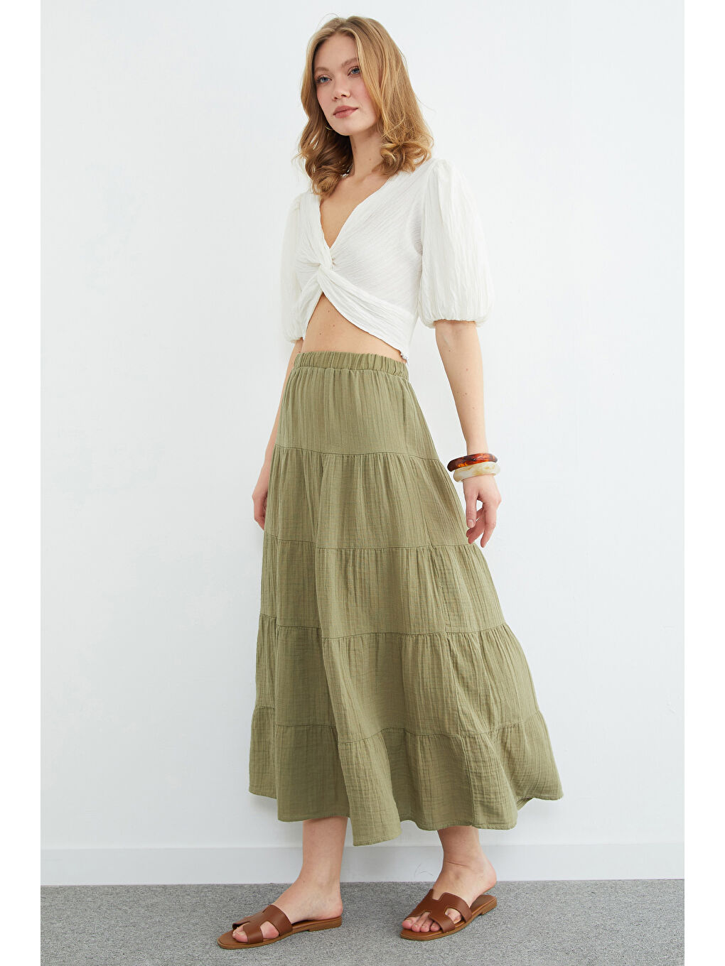 Haki Beli Lastikli Müslin Kumaş Etek-3