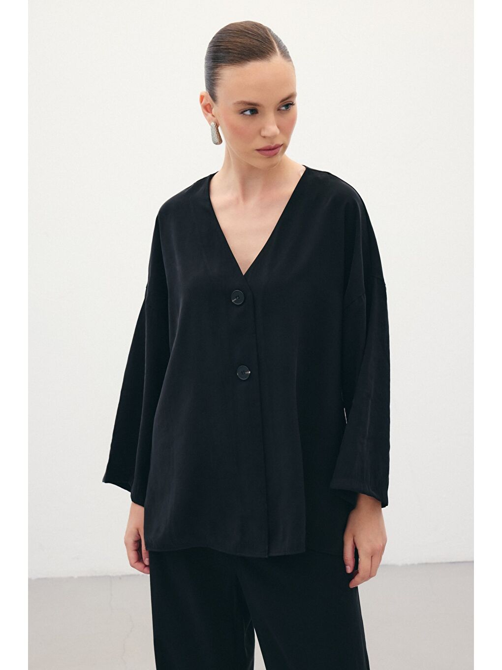 Düğmeli Kimono - Siyah-4