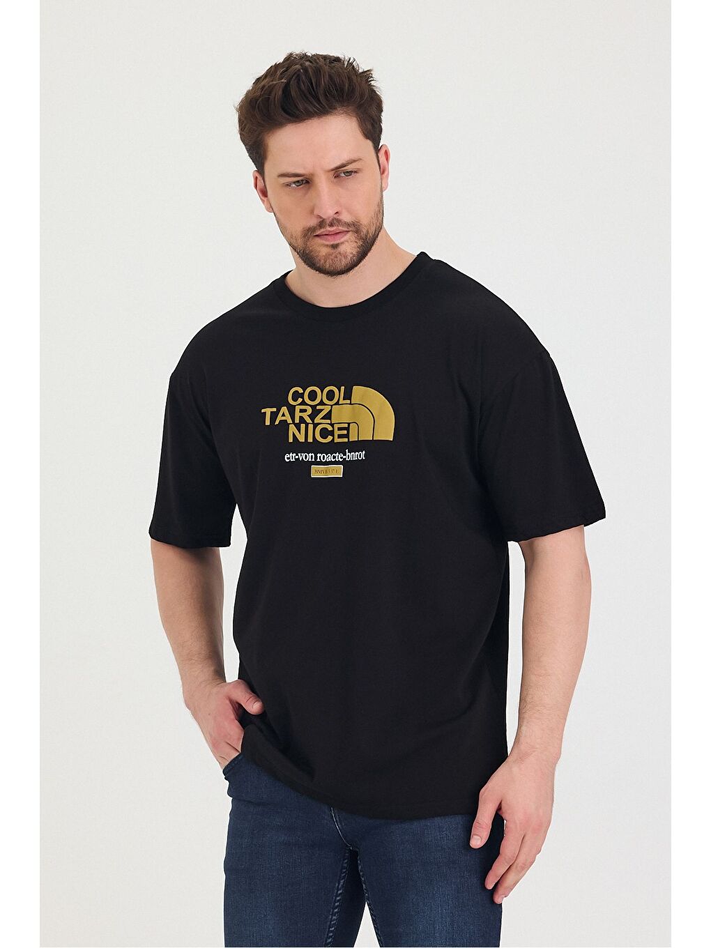 Siyah Bisiklet Yaka Oversize Ayıcık Baskılı Salaş Unisex Tişört-6