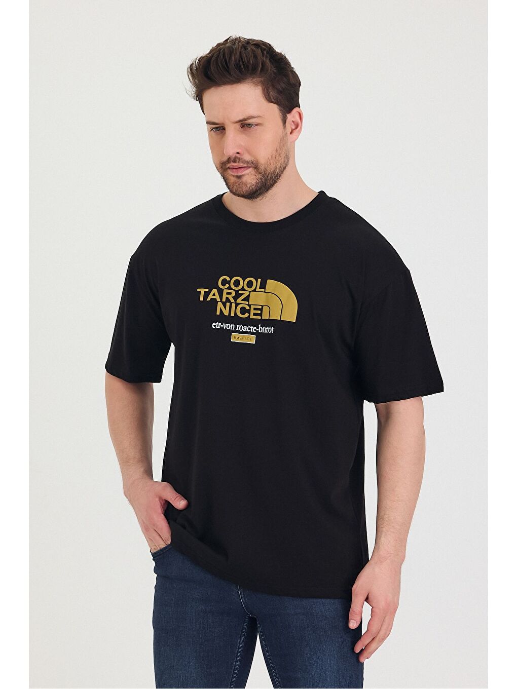 Siyah Bisiklet Yaka Oversize Ayıcık Baskılı Salaş Unisex Tişört-7