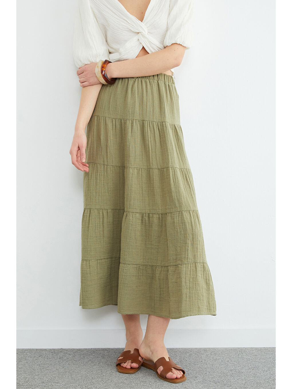 Haki Beli Lastikli Müslin Kumaş Etek-4