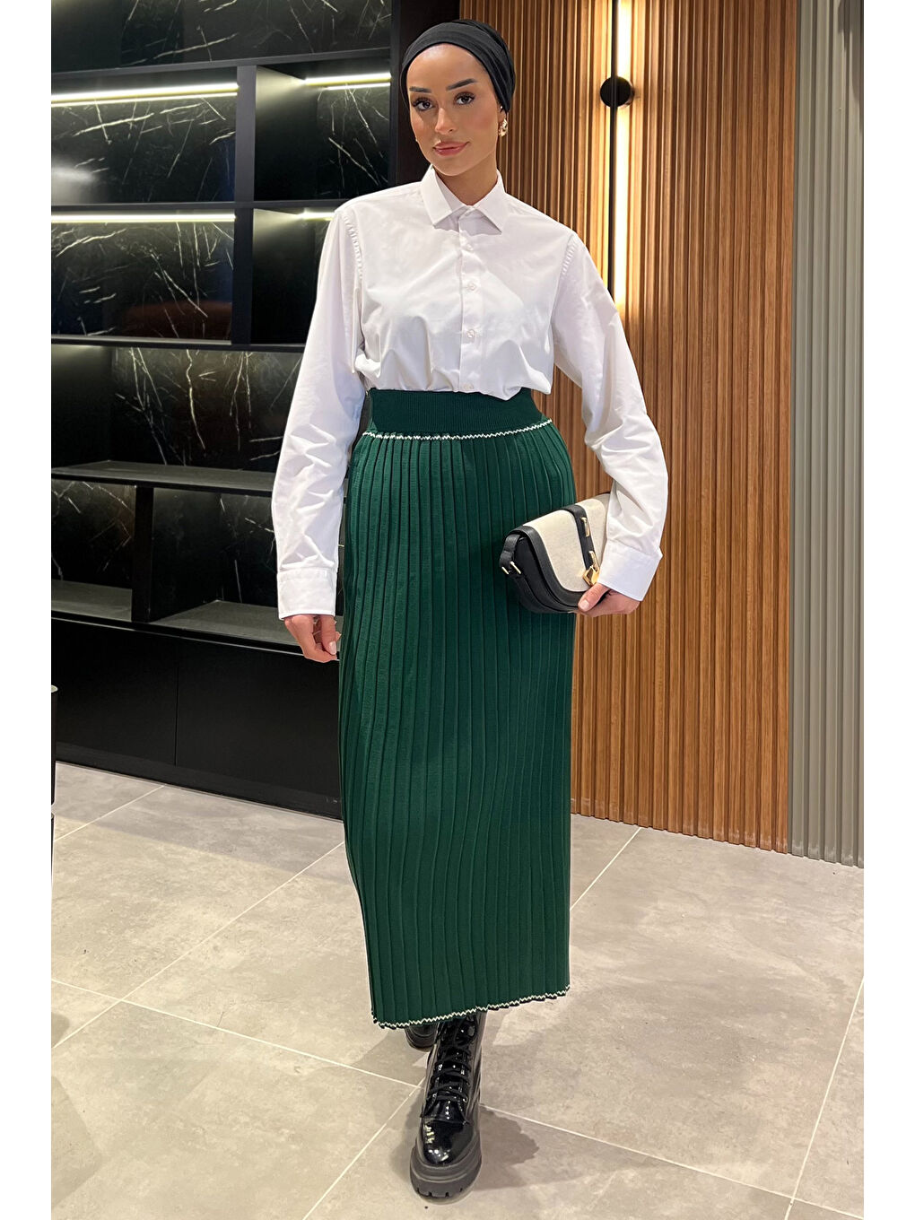 Yeşil Pileli Tesettür Triko Etek-1