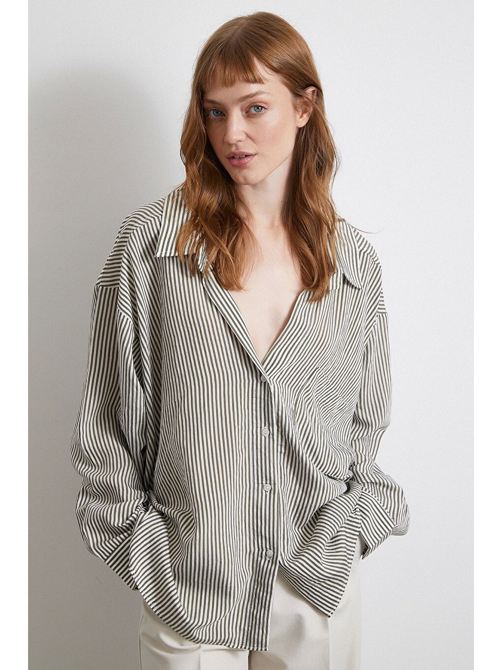 Yarasa Kol Çizgili Gömlek Haki-2