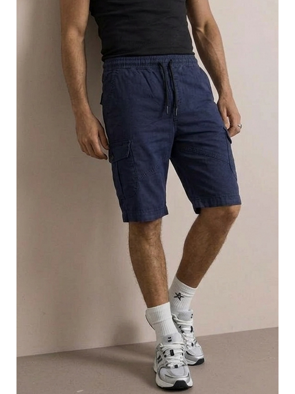 Erkek Dikiş Detaylı Jogger Kargo Cep Lacivert Kapri Şort-5