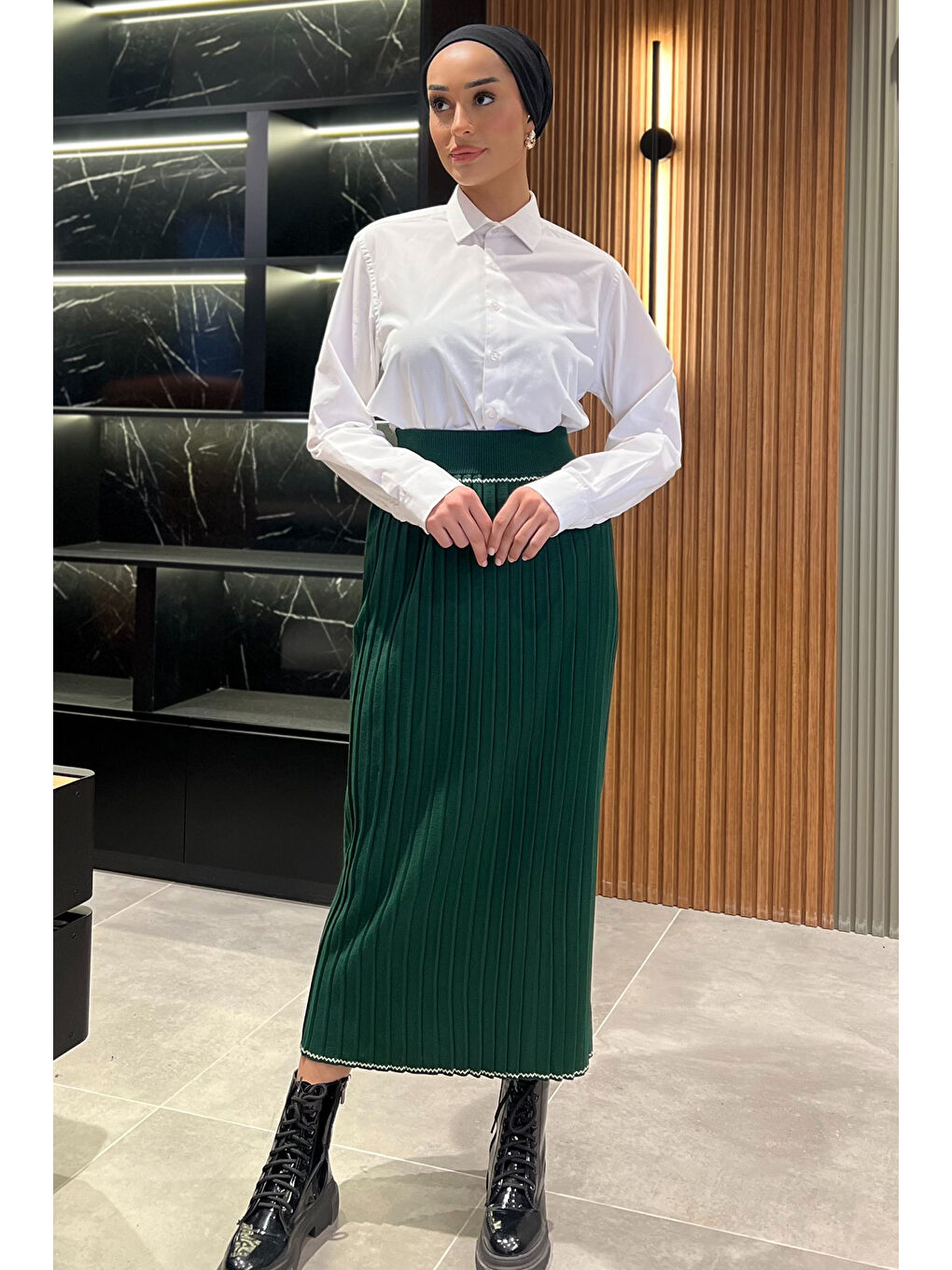 Yeşil Pileli Tesettür Triko Etek-3