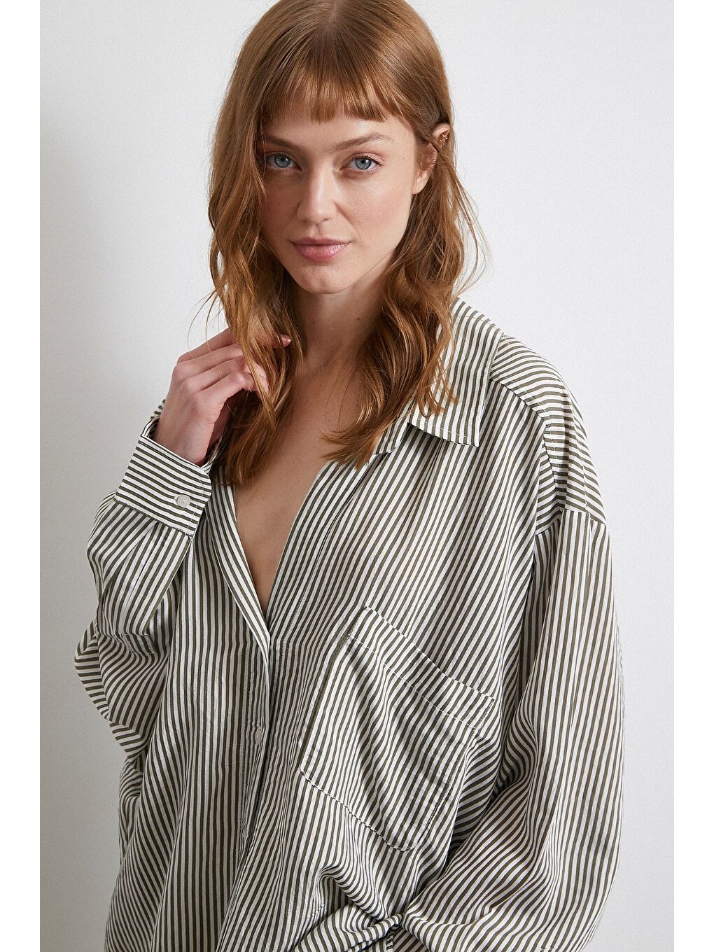 Yarasa Kol Çizgili Gömlek Haki-3