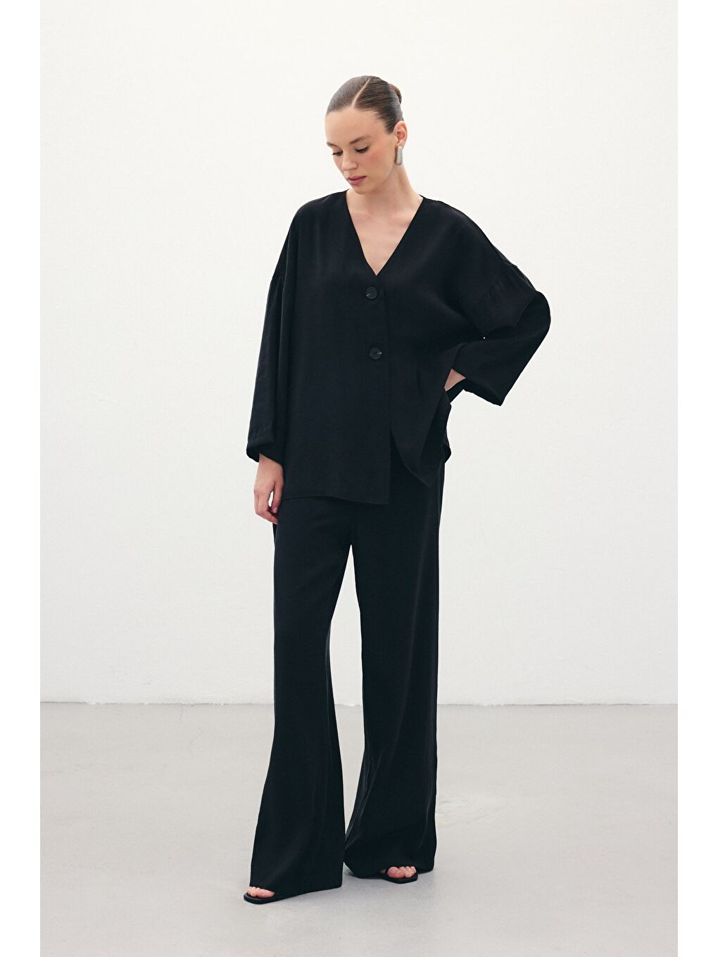 Düğmeli Kimono - Siyah-5