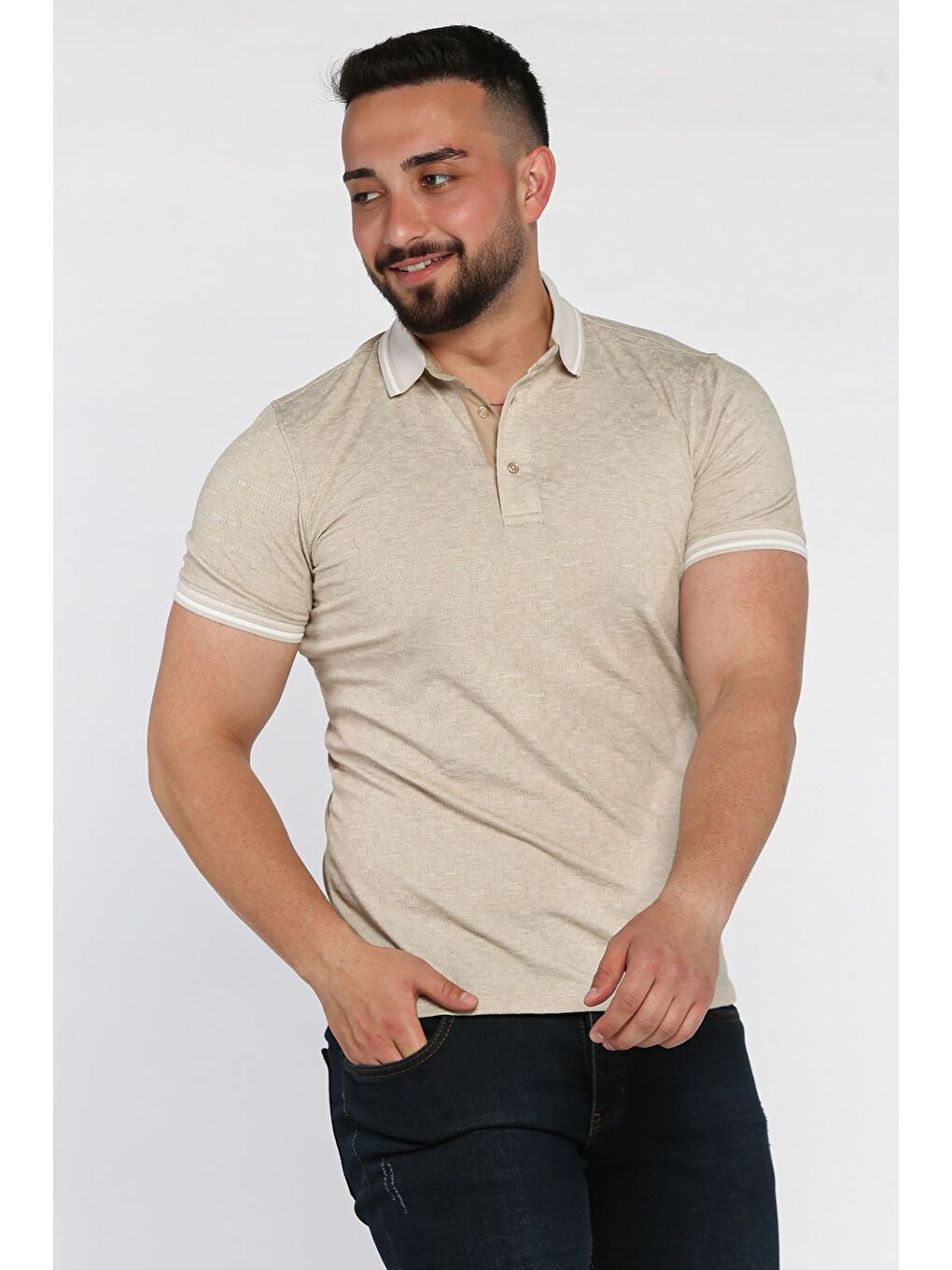 Bej Yarım Düğmeli Polo Yaka Erkek Tişört-1