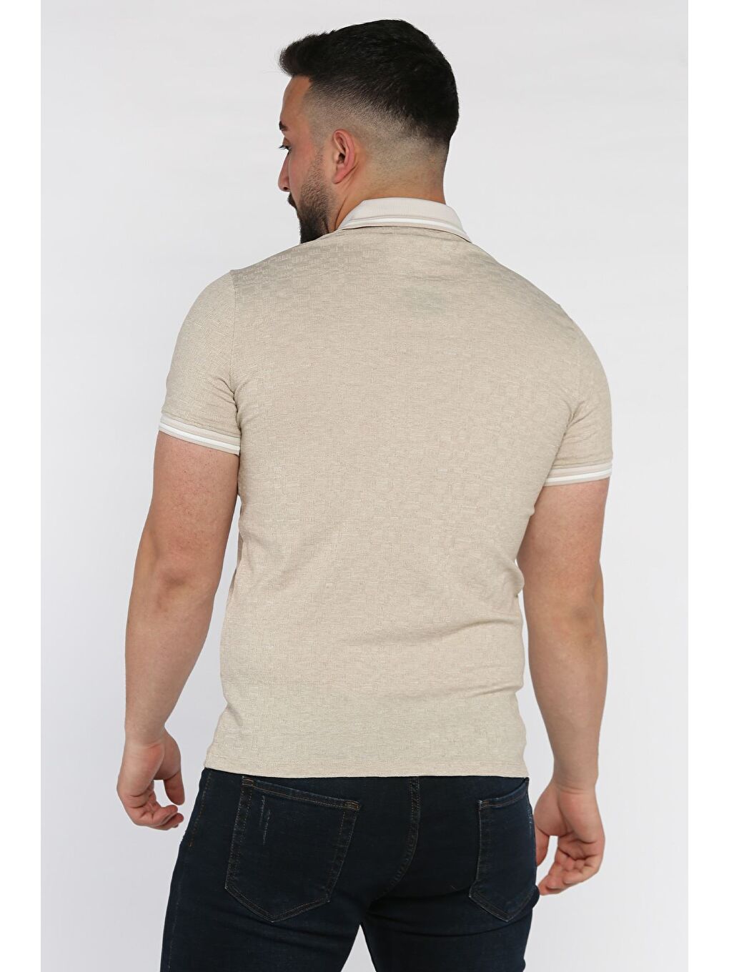 Bej Yarım Düğmeli Polo Yaka Erkek Tişört-2