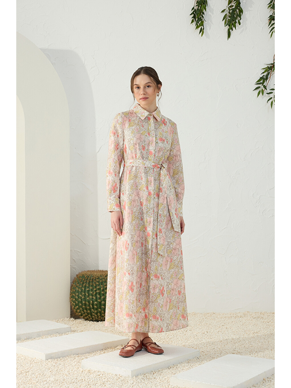 Pembe Pudra Desenli Keten Elbise-1