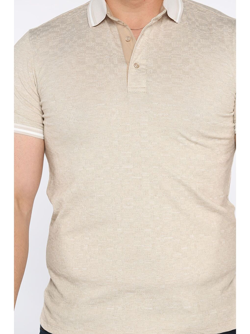 Bej Yarım Düğmeli Polo Yaka Erkek Tişört-3