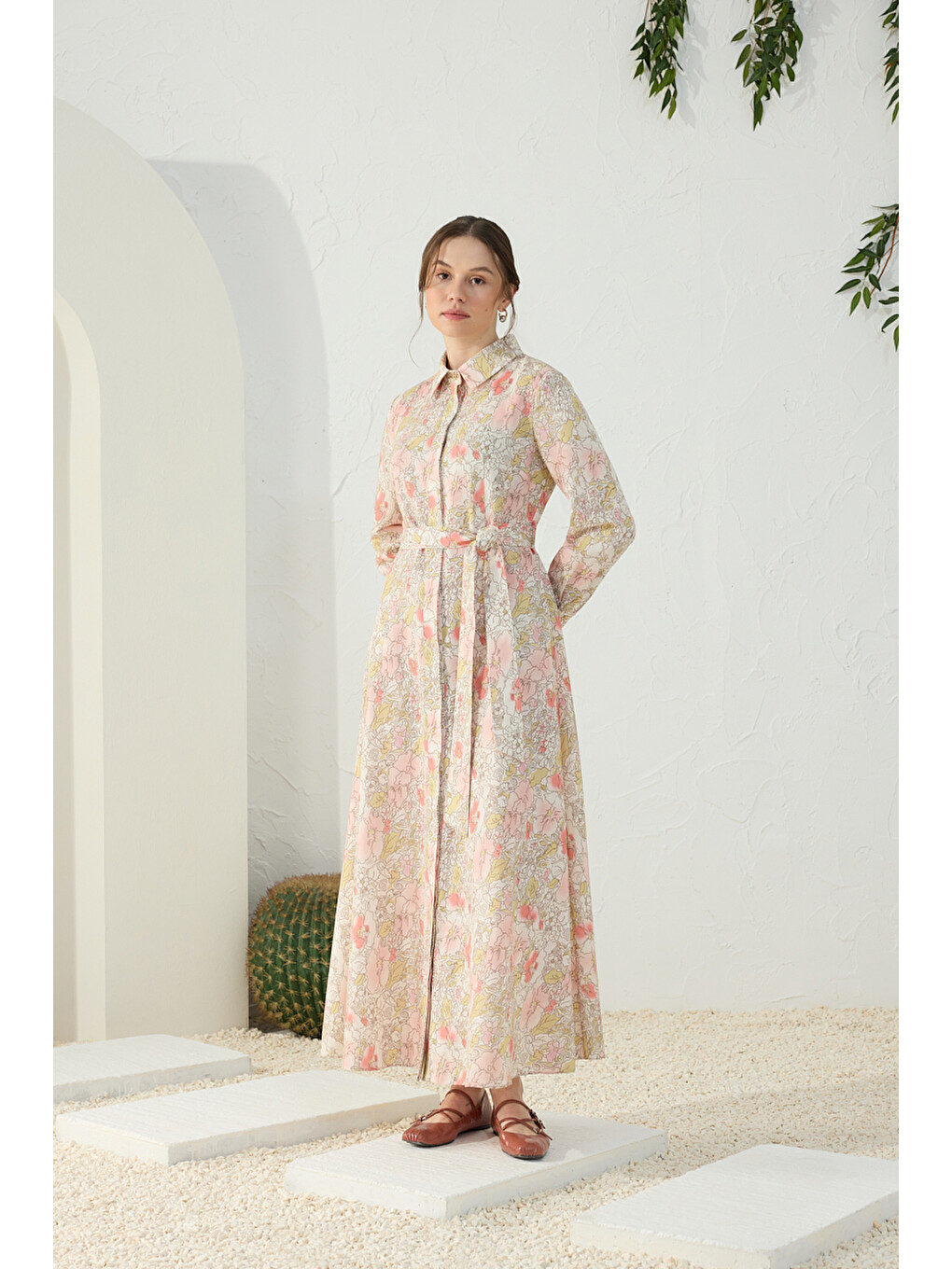 Pembe Pudra Desenli Keten Elbise-2