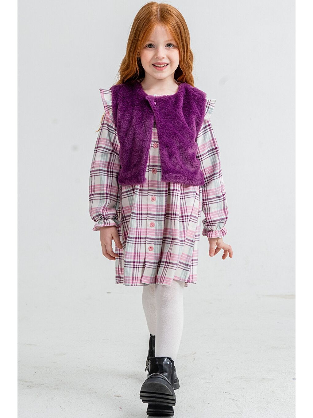 Mor Kız Çocuk Pelüş Yelekli Ekose Desenli Elbise 22697-1