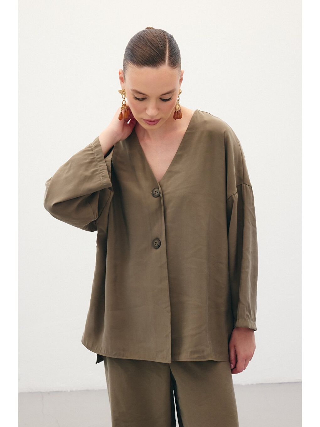 Düğmeli Kimono - Haki-1