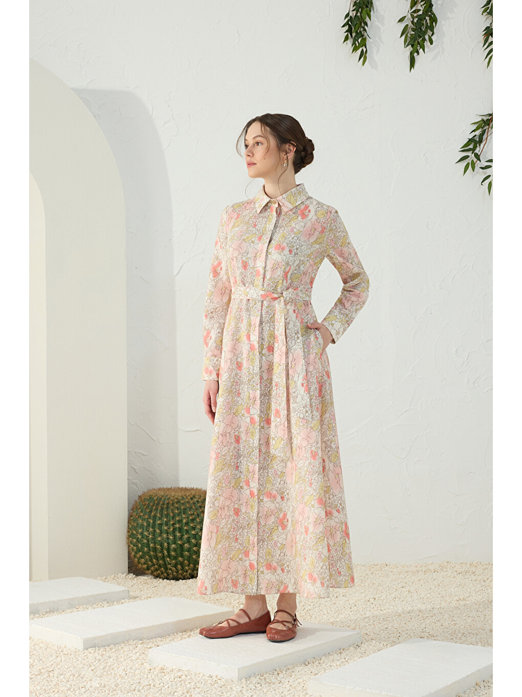 Pembe Pudra Desenli Keten Elbise-3