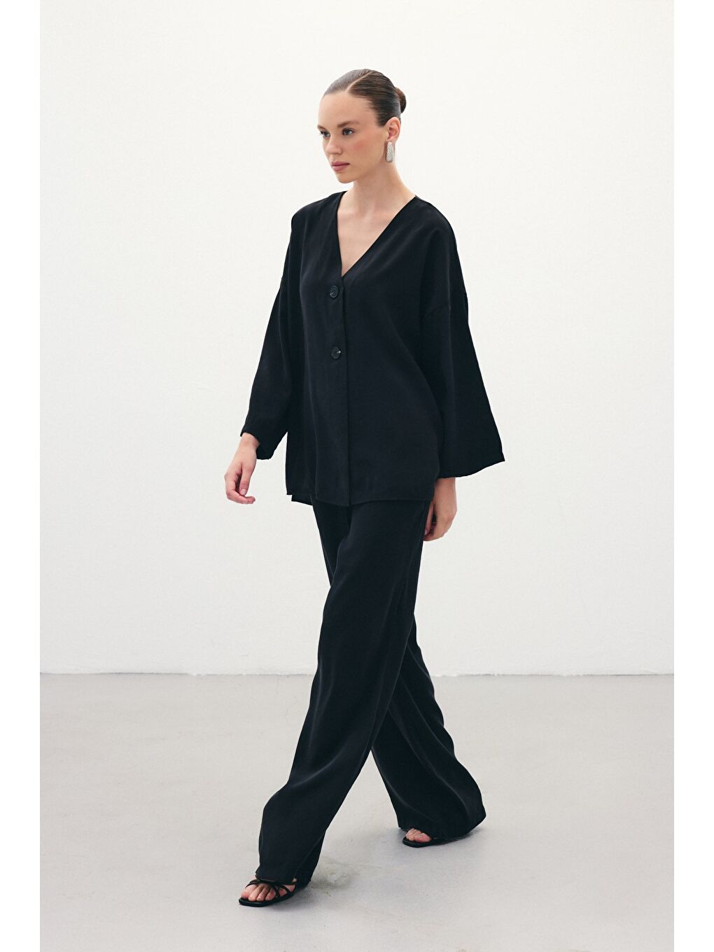 Düğmeli Kimono - Siyah-6