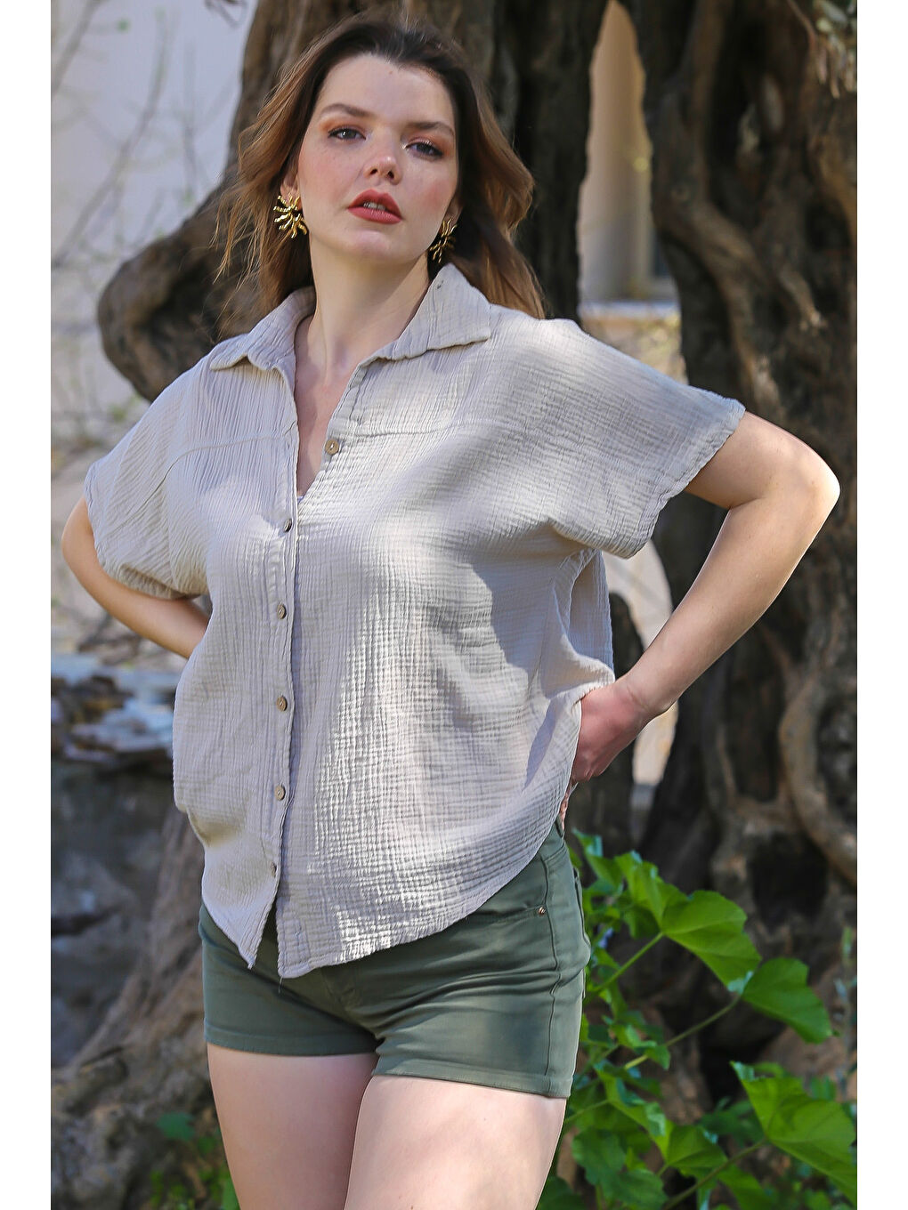 Bej Gömlek Yaka Kısa Kol Düğmeli Yıkamalı Casual Müslin Dokuma Gömlek 68 60