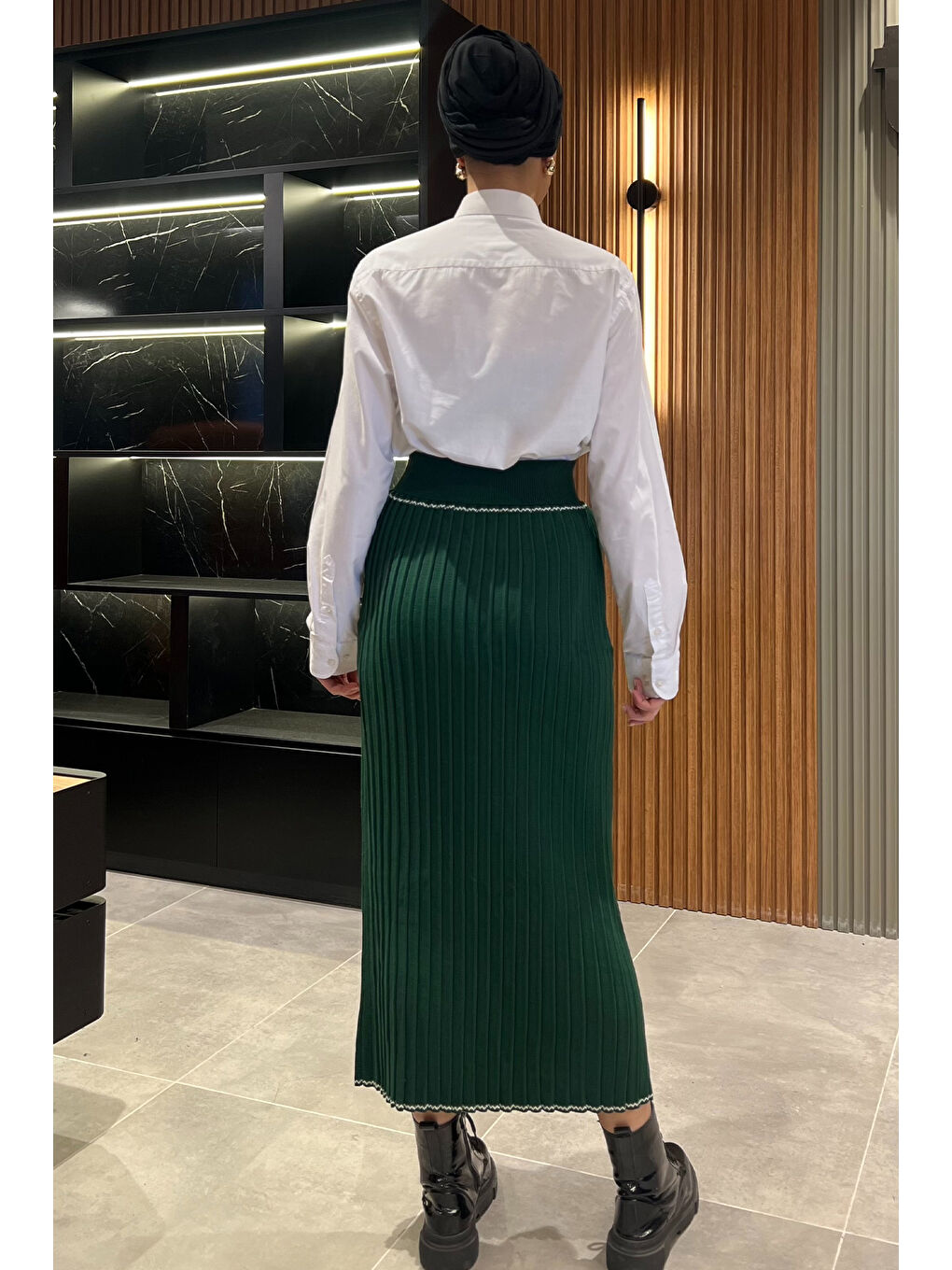 Yeşil Pileli Tesettür Triko Etek-7