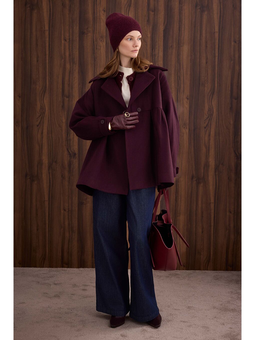 Büzgü Detaylı Kaban Bordo-1