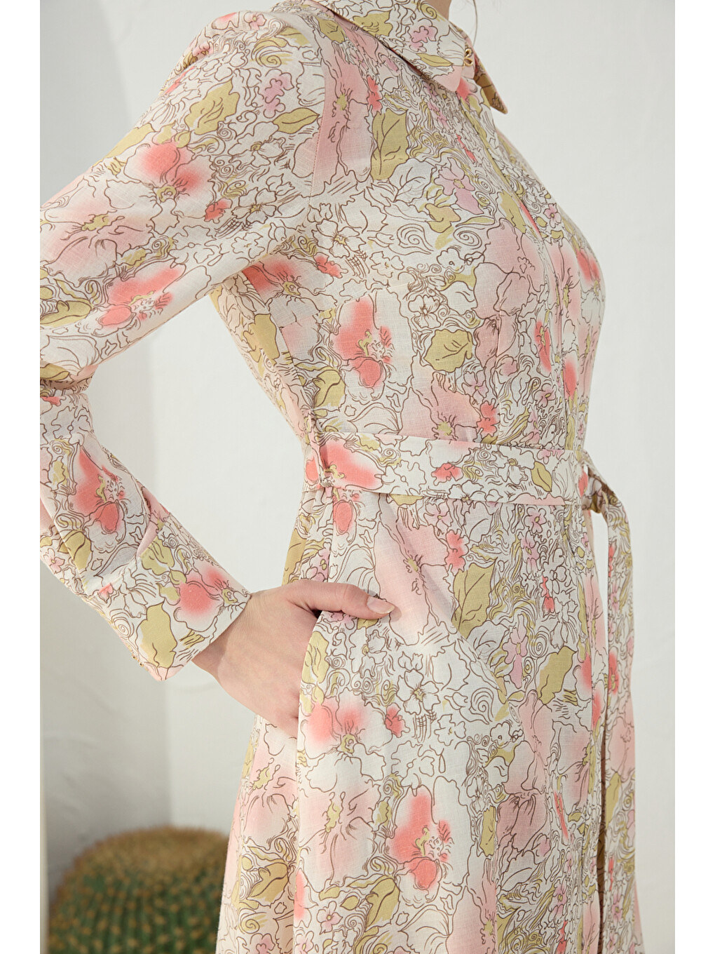 Pembe Pudra Desenli Keten Elbise-4