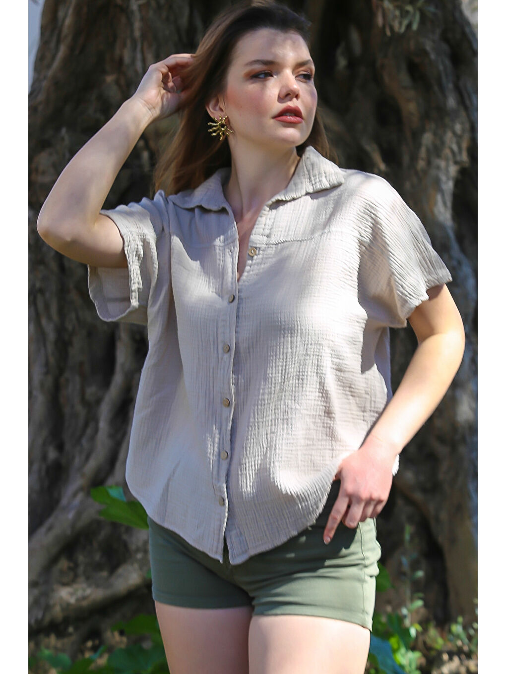 Bej Gömlek Yaka Kısa Kol Düğmeli Yıkamalı Casual Müslin Dokuma Gömlek 68 60-1