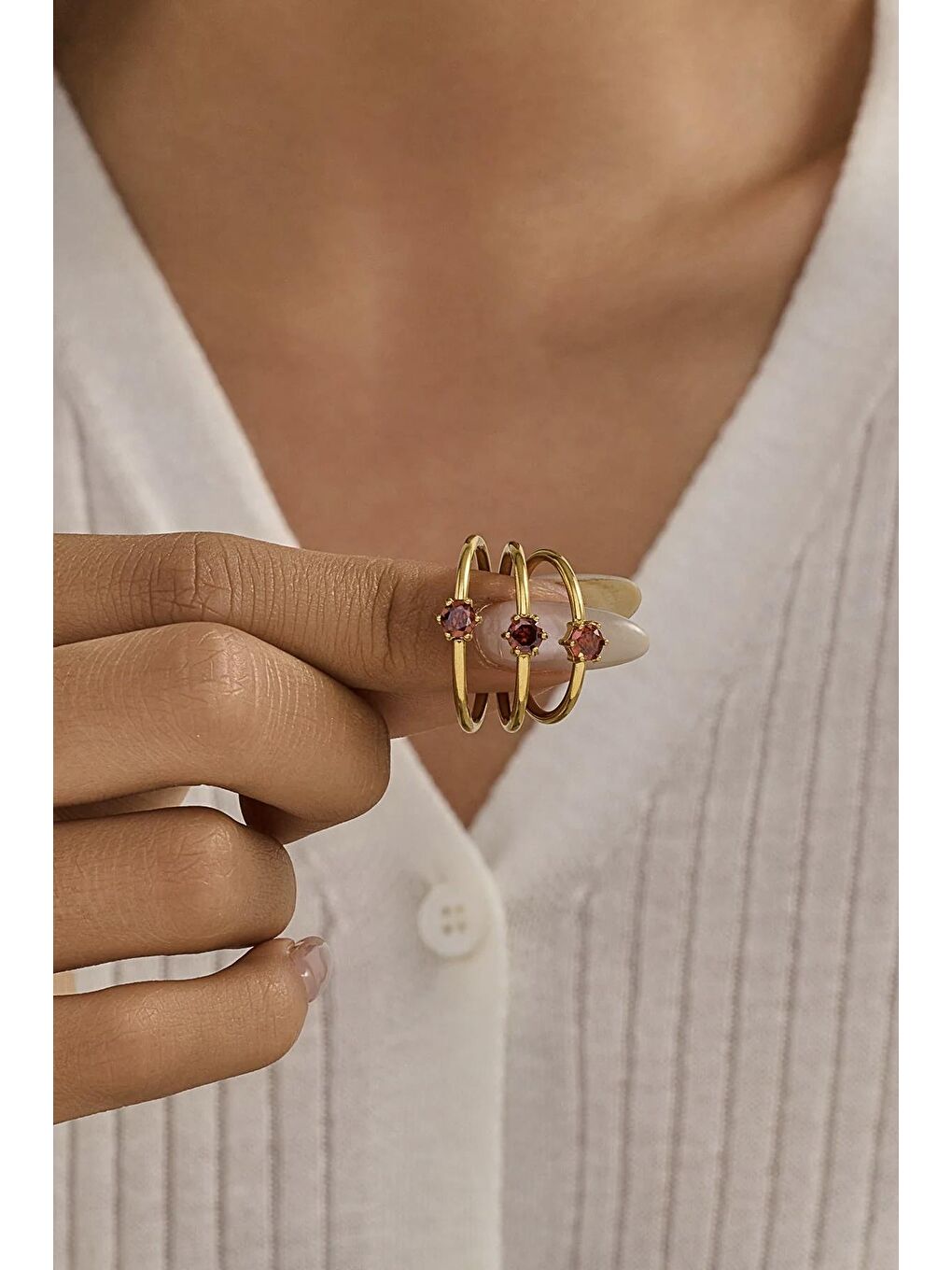 Kırmızı Çelik Yuvarlak Zirkon Taşlı Minimal Eklem Yüzük Seti 3 adet-2