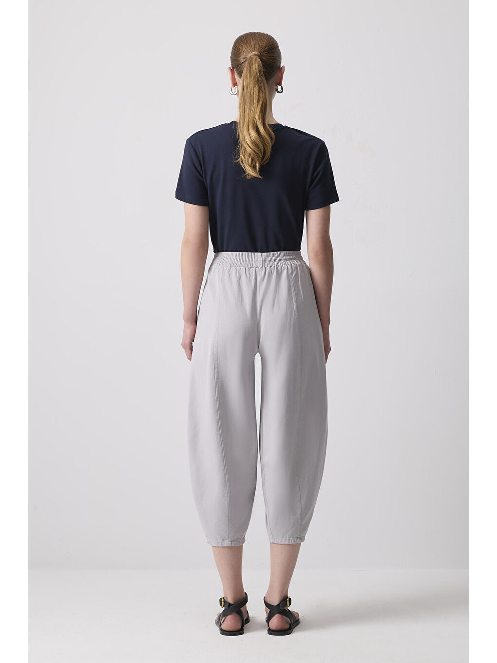 Gri %100 Pamuklu Beli Lastikli Pantolon-3