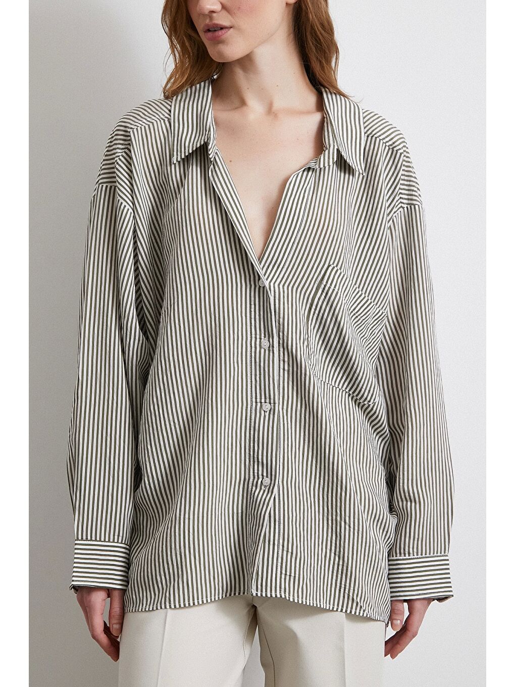 Yarasa Kol Çizgili Gömlek Haki-4