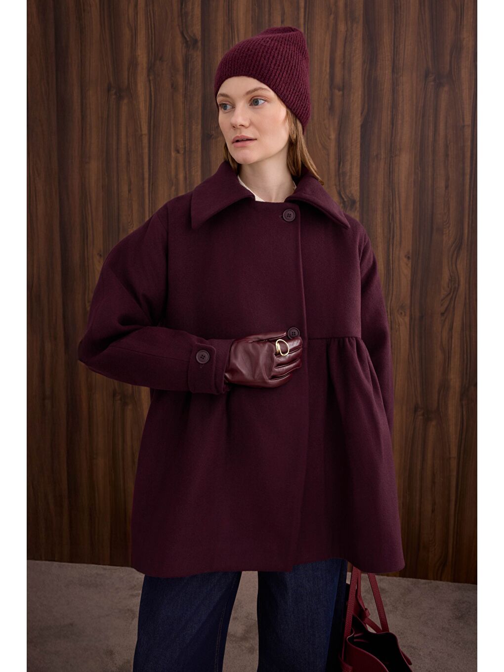 Büzgü Detaylı Kaban Bordo-2