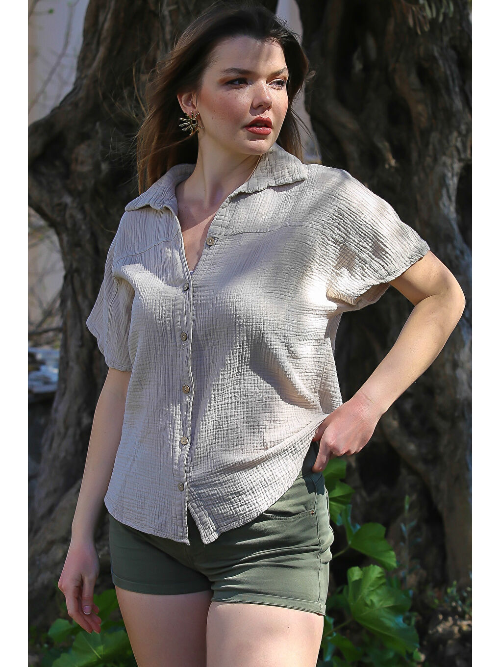 Bej Gömlek Yaka Kısa Kol Düğmeli Yıkamalı Casual Müslin Dokuma Gömlek 68 60-2