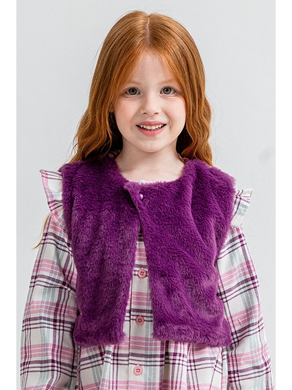 Mor Kız Çocuk Pelüş Yelekli Ekose Desenli Elbise 22697-2