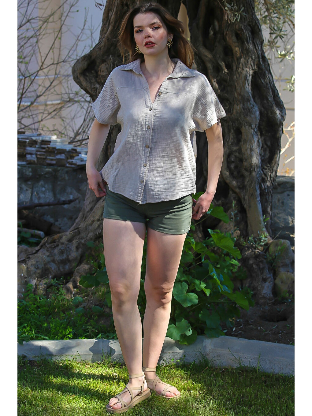 Bej Gömlek Yaka Kısa Kol Düğmeli Yıkamalı Casual Müslin Dokuma Gömlek 68 60-4