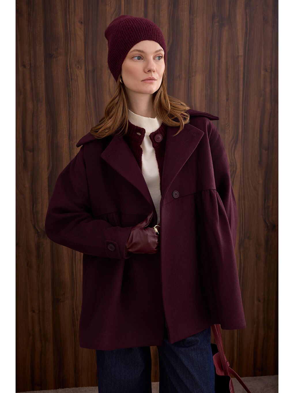 Büzgü Detaylı Kaban Bordo-4