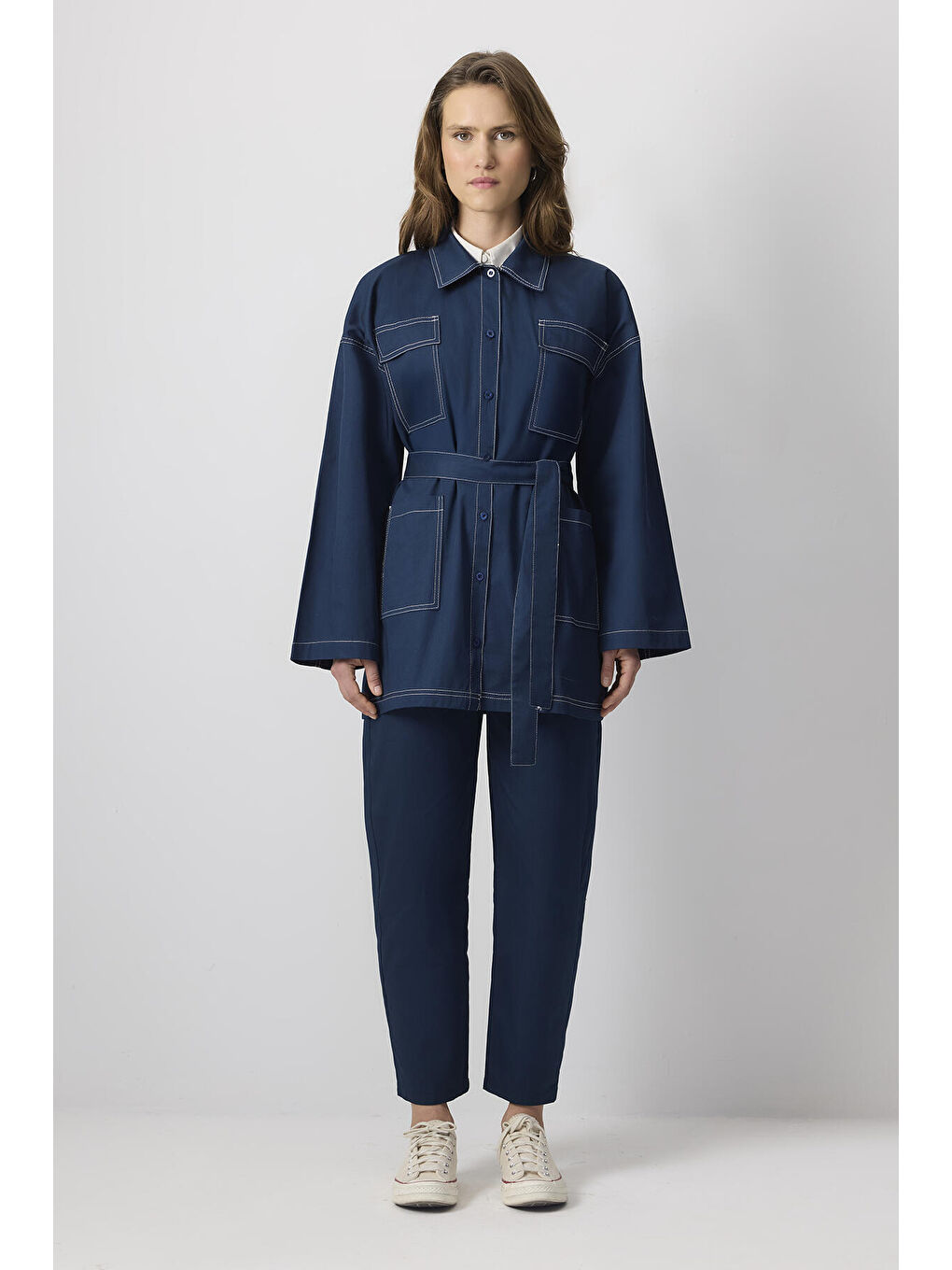 Lacivert %100 Pamuklu Kontrast Dikişli Ceket Pantolon Takım