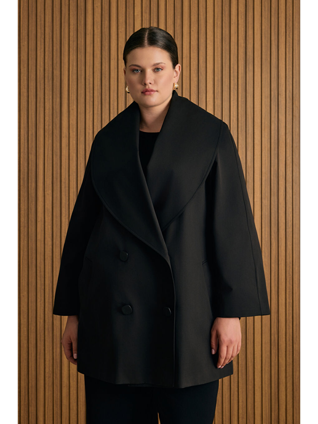 Siyah Şal Yaka Rahat Form Pamuk Kap-4