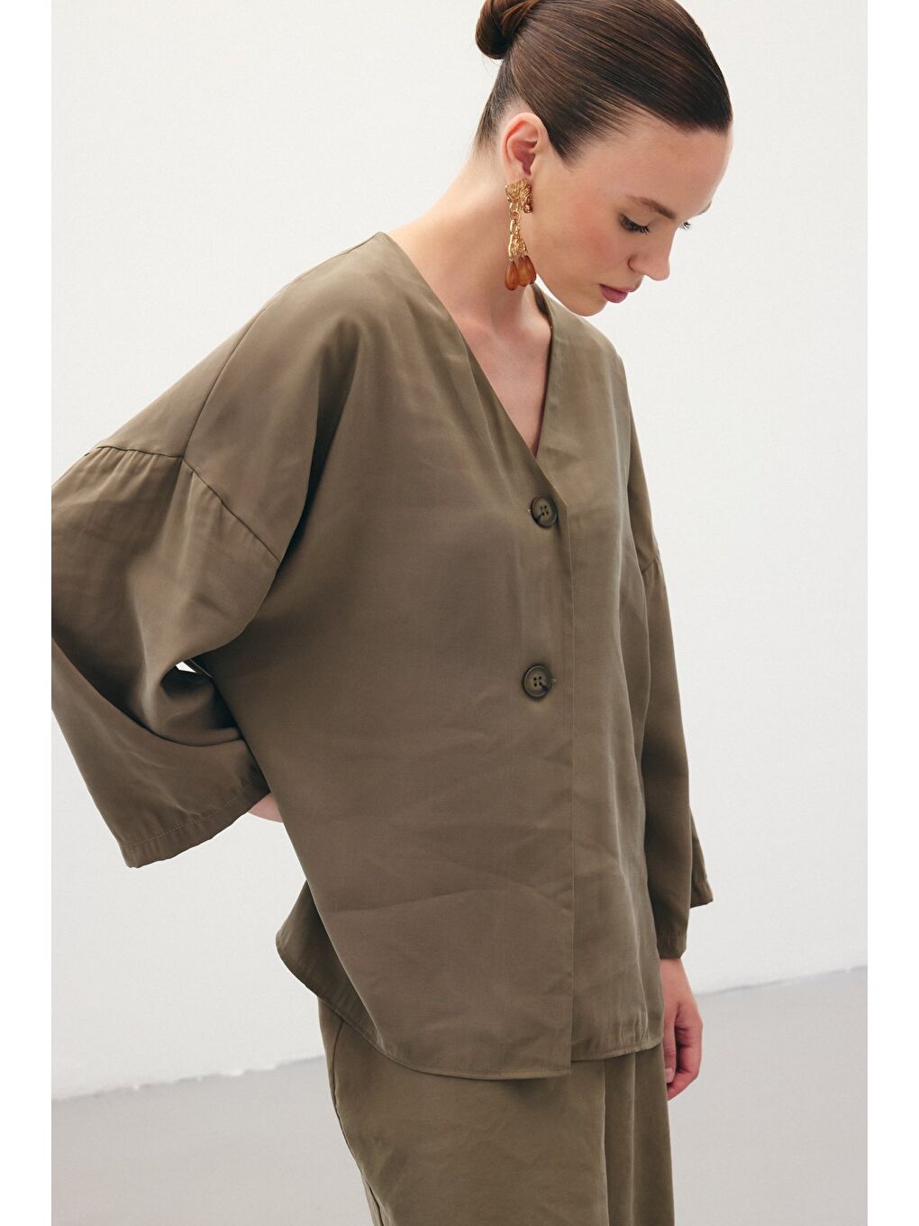 Düğmeli Kimono - Haki-3