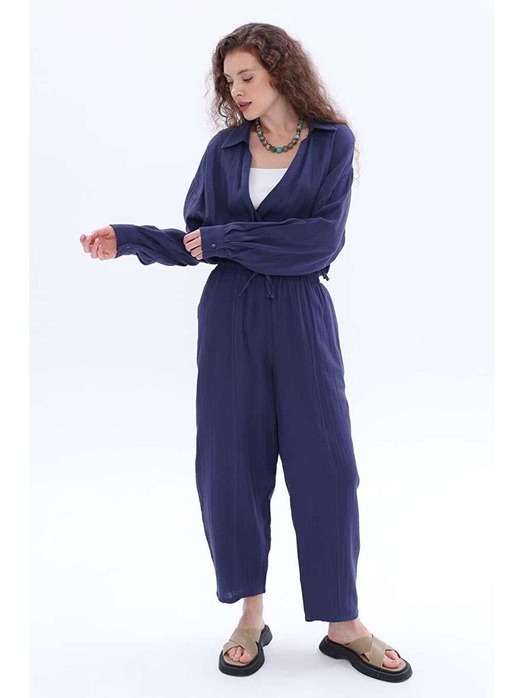 İndigo-%100 Pamuklu Cepli Müslin Pantolon