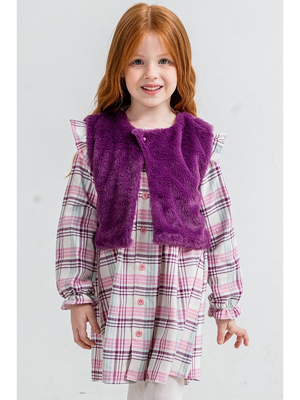 Mor Kız Çocuk Pelüş Yelekli Ekose Desenli Elbise 22697-3